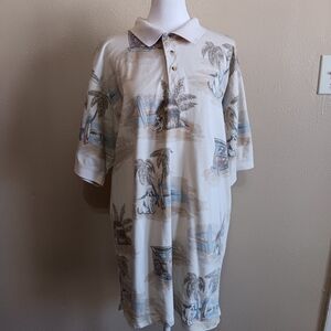 Big Dogs Long Vintage Surf Graphic Polo Shirt Men's Large Cream, Surfer Beach